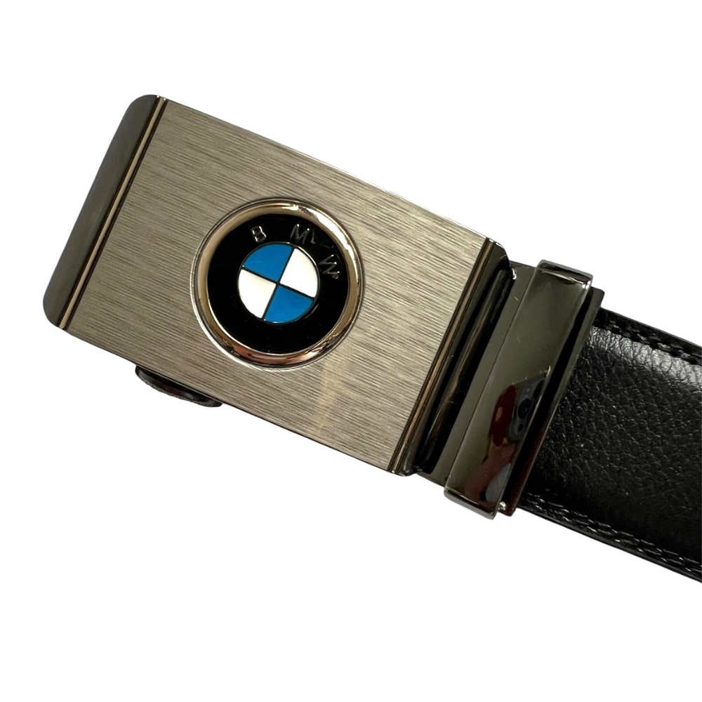 BMW Leather Belt with Silver Buckle Size 46 Black Slides to Fit Multiple Sizes